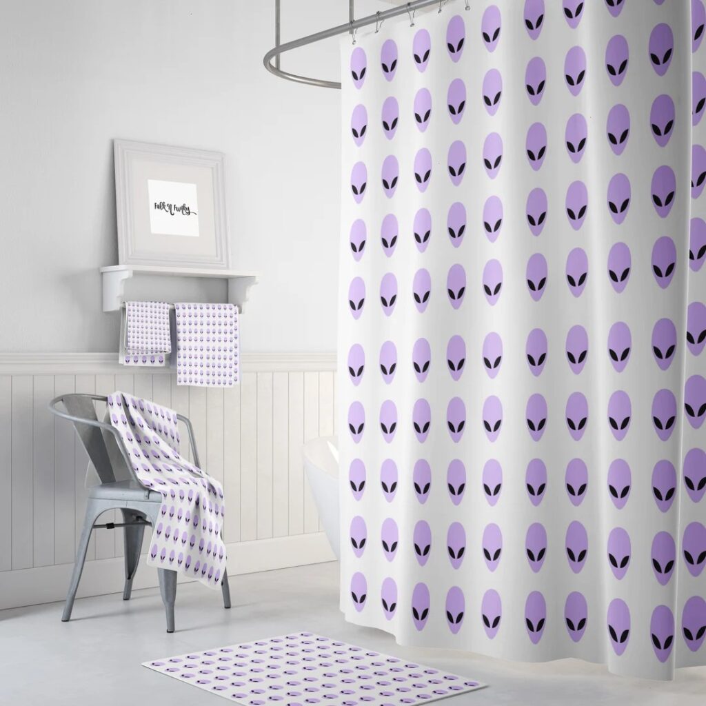 Alien Shower Curtain, Purple And White, Optional Bath Mat And Towels