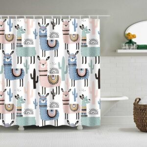 Alpaca Shower Curtain, Colorful Llama Cute Animal Pattern Fabric Bathroom Curtain, Home Bathroom Decor