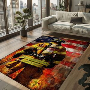 American Flag Firefighter Area Rug for Patriotic Living Spaces, Firefighter Rugs for Living Room Bedroom, Firefighter Rectangular Rugs Full Size FR161