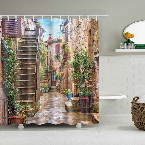 Ancient Village Home Shower Curtain, Beautiful Stairs Patio Wooden Door Bathroom Curtain, Bath Curtain