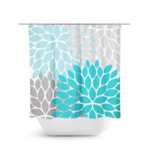 Aqua Floral Shower Curtain For Blue And Gray Bathroom Decor, Flower Fabric Bath Curtain