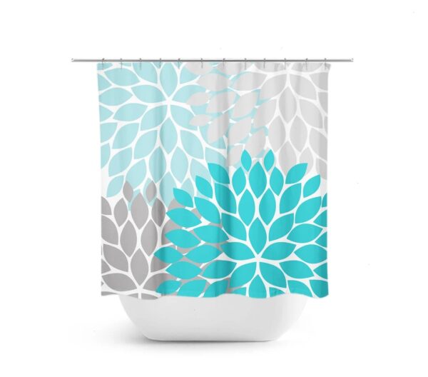 Aqua Floral Shower Curtain For Blue And Gray Bathroom Decor, Flower Fabric Bath Curtain