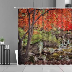 Autumn Fall Red Leaves Shower Curtain, Forest Trees Creek Water Landscape, Bathroom Home Decor, Bath Accessories