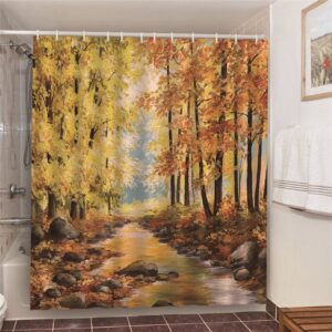 Autumn Fall Yellow Leaves Shower Curtain, Forest Trees River Landscape, Fabric Bathroom Home Decor, Bath Accessories
