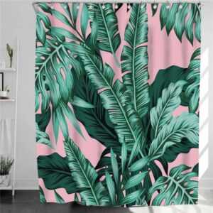 Banana Leaves Shower Curtain, Botanical Tropical Rainforest Palm Monstera Plant Fabric Bathroom Curtain, Home Bath Decor Accessories
