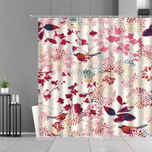 Bird In The Spring Garden Shower Curtain, Red Pink Flowers Cherry Blossom Fabric Bathroom Curtain, Home Bath Decor