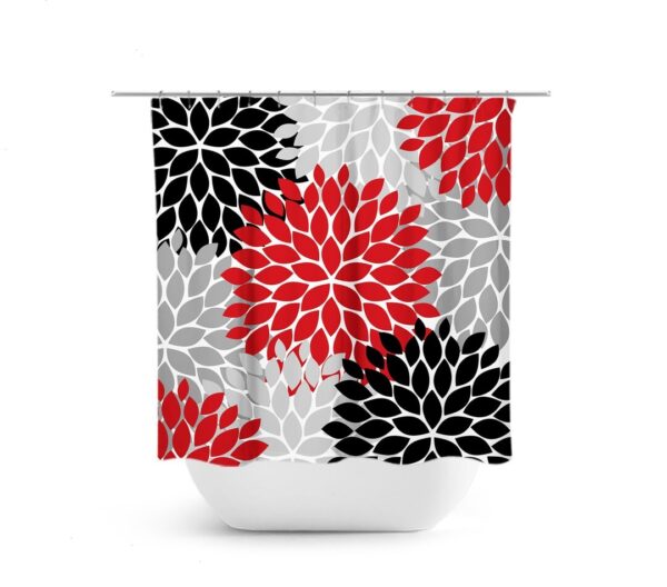 Black Red Shower Curtain, Floral Shower Curtain, Custom Bathtub Curtain, Floral Bathroom Decor, Modern Bathroom, Red Black Gray