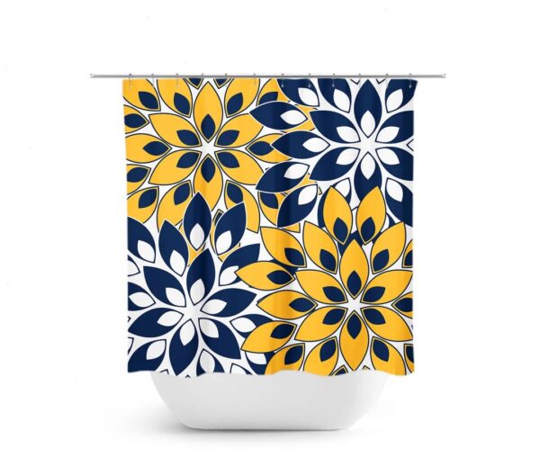 Blue And Gold Flower Burst Shower Curtain, Blue Bathroom Decor, Navy Blue Shower Curtain, Blue Yellow Bathroom, Floral Bathroom