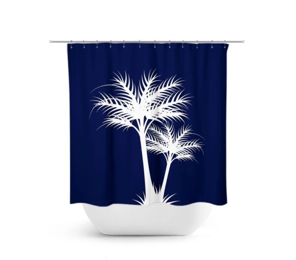 Blue And White Palm Tree Shower Curtain, Tropical Bathroom Decor, Beach House Bath Curtain, Coastal Bathroom