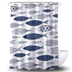 Blue Fish Nordic Shower Curtain, Underwater World Ocean Sea Fishes Scandinavian Danish Design, Bathroom Curtain, Home Bath Set Decor