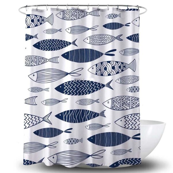 Blue Fish Nordic Shower Curtain, Underwater World Ocean Sea Fishes Scandinavian Danish Design, Bathroom Curtain, Home Bath Set Decor