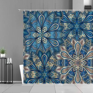 Blue Floral Mandala Shower Curtain, Flowers Geometric Design Bath Tub Curtain Accessories