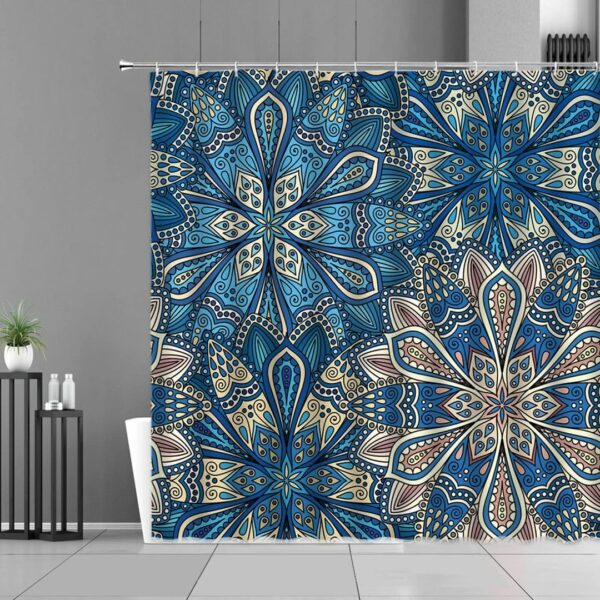 Blue Floral Mandala Shower Curtain, Flowers Geometric Design Bath Tub Curtain Accessories