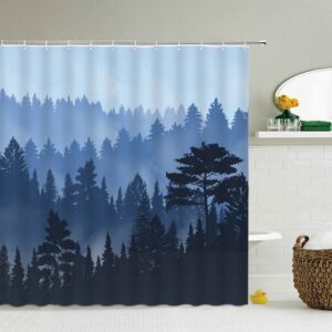Blue Forest Trees Shower Curtain, Minimalist Landscape Fabric Bathroom Curtain, Home Bath Decor Accessories