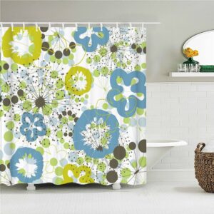 Blue Green Floral Dandelion Shower Curtain, Boho Chic Flowers Design