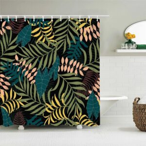 Blue Lotus Palm Leaves Shower Curtain, Botanical Tropical Green Forest, Fabric Bath Curtain