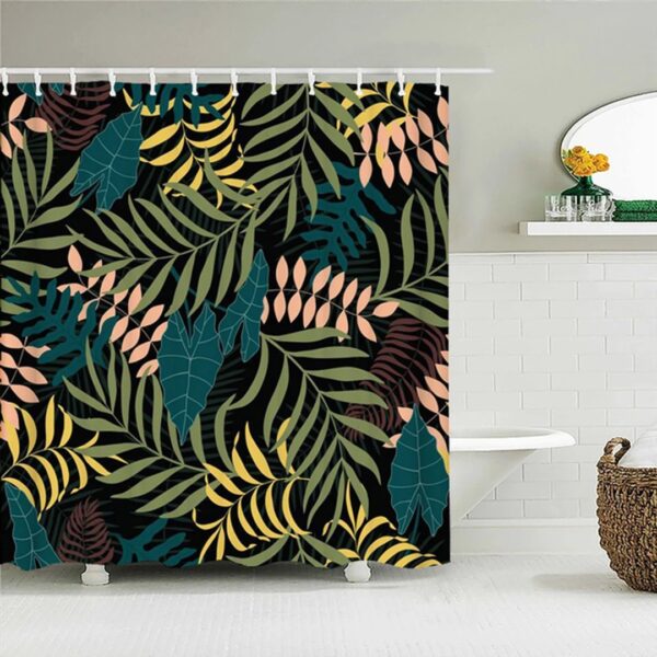 Blue Lotus Palm Leaves Shower Curtain, Botanical Tropical Green Forest, Fabric Bath Curtain