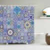 Blue Mosaic Tile Boho Shower Curtain, Bohemian Chic Geometric Floral Design, Fabric Bath Curtain