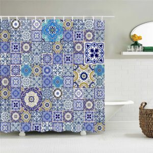 Blue Mosaic Tile Boho Shower Curtain, Bohemian Chic Geometric Floral Design, Fabric Bath Curtain