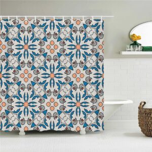 Blue Mosaic Tile Boho Shower Curtain, Bohemian Chic Geometric Floral, Fabric Bath Curtain