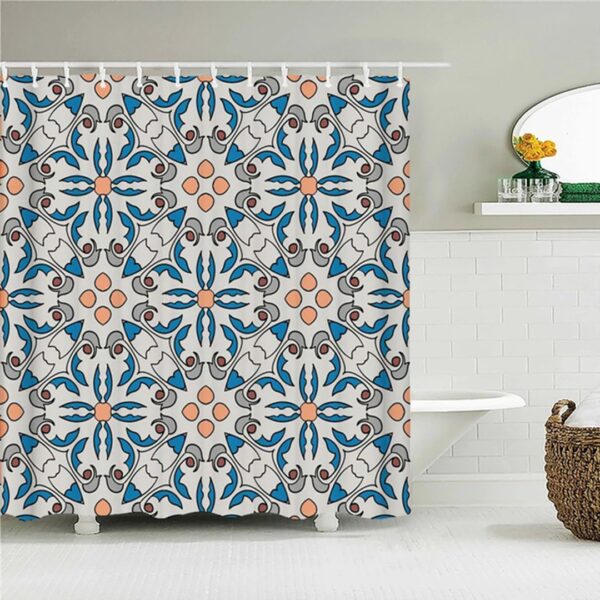 Blue Mosaic Tile Boho Shower Curtain, Bohemian Chic Geometric Floral, Fabric Bath Curtain
