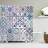 Blue Mosaic Tile Boho Shower Curtain, Bohemian Chic Geometric Square Design, Fabric Bath Curtain