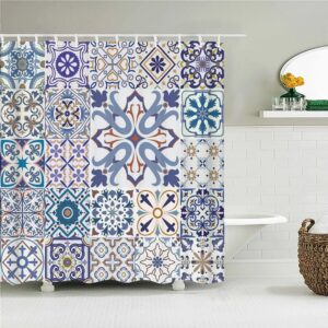 Blue Mosaic Tile Boho Shower Curtain, Bohemian Chic Geometric Square Design, Fabric Bath Curtain