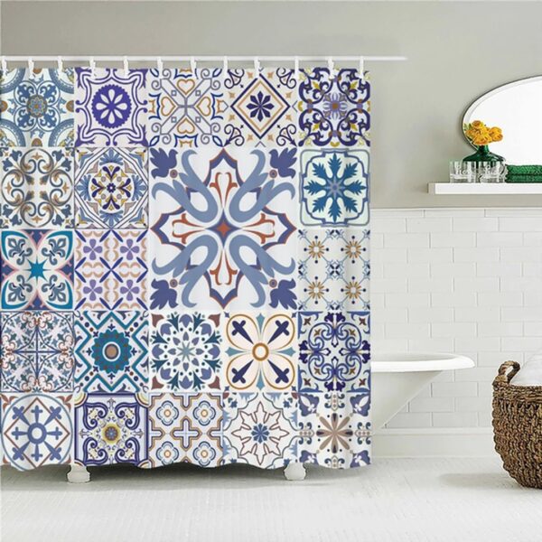 Blue Mosaic Tile Boho Shower Curtain, Bohemian Chic Geometric Square Design, Fabric Bath Curtain