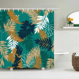 Blue Palm Fern Leaves Shower Curtain, Botanical Tropical Green White Forest, Fabric Bath Curtain