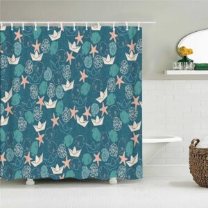 Blue Seashell In The Ocean Shower Curtain, Corals Starfish Ship Beach Underwater Marine, Bathroom Curtain