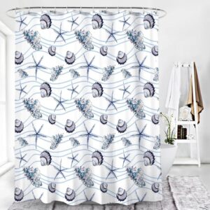Blue Seashell Starfish Shower Curtain, Ocean Life Sea Creature Beach Pattern Fabric Bathroom Curtain, House Gift