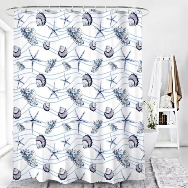 Blue Seashell Starfish Shower Curtain, Ocean Life Sea Creature Beach Pattern Fabric Bathroom Curtain, House Gift