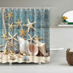 Blue Starfish Seashell Shower Curtain, Ocean Sea Creature Beach Mollusca Deep Water, Bathroom Curtain
