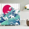 Blue Waves And Red Moon Shower Curtain, Ocean Sea Beach Coastal Japanese Themed Curtain
