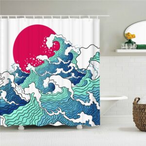 Blue Waves And Red Moon Shower Curtain, Ocean Sea Beach Coastal Japanese Themed Curtain
