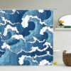 Blue Waves Shower Curtain, Ocean Sea Beach Coastal Themed Curtain, Bath Tub Curtain Accessories