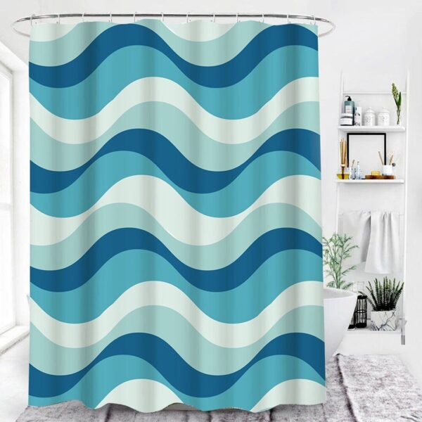 Blue White Ocean Waves Shower Curtain, Mid-Century Retro Sea Beach Coast Marine Accessories