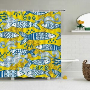 Blue Yellow Fish Shower Curtain, Japanese Style Ocean Sea Fishes Underwater, Bathroom Curtain, Home Bath Set Decor