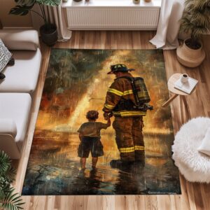 Bravery Runs in the Family: Personalized Father and Son Fire Fighter Rug, Firefighter Rugs for Living Room Bedroom, Firefighter Rectangular Rugs Full Size FR148