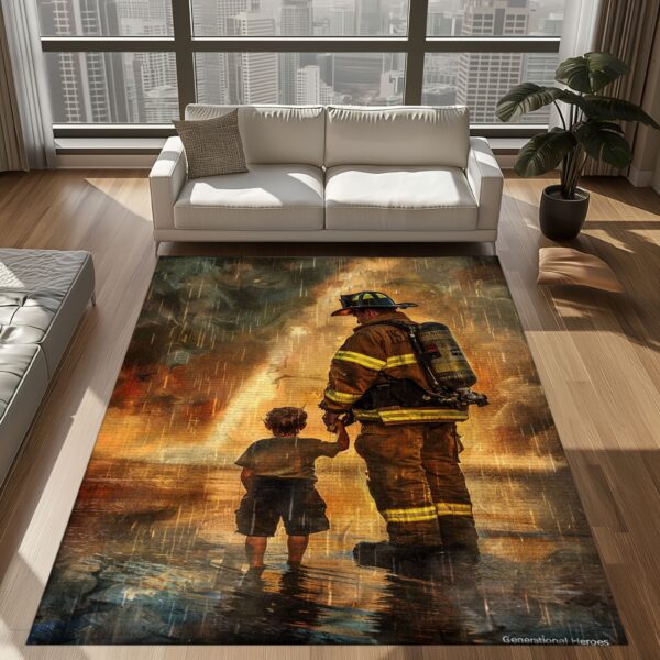 Bravery Runs in the Family: Personalized Father and Son Fire Fighter Rug, Firefighter Rugs for Living Room Bedroom, Firefighter Rectangular Rugs Full Size FR148