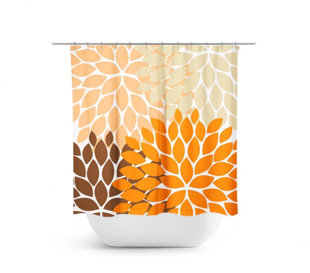 Brown And Orange Flower Shower Curtain, Floral Bath Curtain, Fabric Shower Curtain, Girls Bathroom Decor, Orange Bathroom