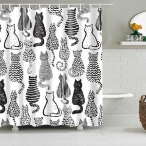 Cat Black White Curtain, Cats Animal Fabric Bathroom Curtain For Cat Lovers And Cat Mom