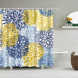Chrysanthemums Floral Shower Curtain, Blue Yellow Flowers Fabric Bathroom Curtain, Modern Contemporary Art Curtain