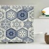Classic Blue Mosaic Tile Boho Shower Curtain, Bohemian Chic Geometric Floral, Fabric Bath Curtain