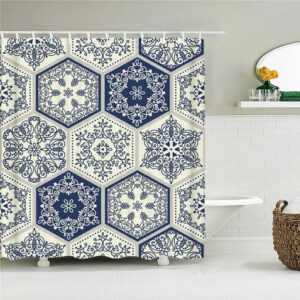 Classic Blue Mosaic Tile Boho Shower Curtain, Bohemian Chic Geometric Floral, Fabric Bath Curtain
