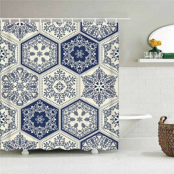 Classic Blue Mosaic Tile Boho Shower Curtain, Bohemian Chic Geometric Floral, Fabric Bath Curtain