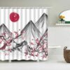 Classic Japanese Mountain View Shower Curtain, Pink Sherry Blossom Watercolor Red Moon Fuji Landscape, Home Bathroom Decor