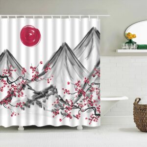 Classic Japanese Mountain View Shower Curtain, Pink Sherry Blossom Watercolor Red Moon Fuji Landscape, Home Bathroom Decor