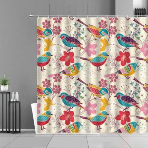 Colorful Bird In Spring Garden Shower Curtain, Pink Blue Yellow Fabric Bathroom Curtain, Home Bath Decor Accessories