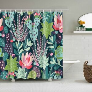 Colorful Cactus Desert Plants Shower Curtain, Green Cacti Flora Botanical Fabric Bathroom Curtain, Home Bathroom Decor